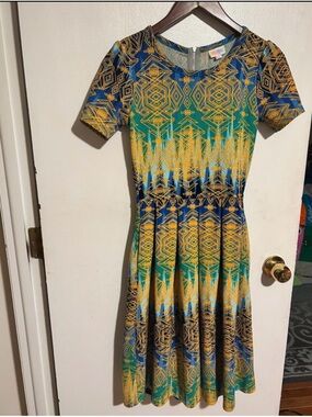 LuLaRoe Multicolor Geometric Midi Dress in Blue, Green & Yellow